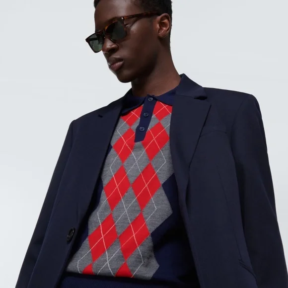 Ami Alexandre Mattiussi Navy Blue Grey Red Men’s Argyle Wool Sweater NWT Size L